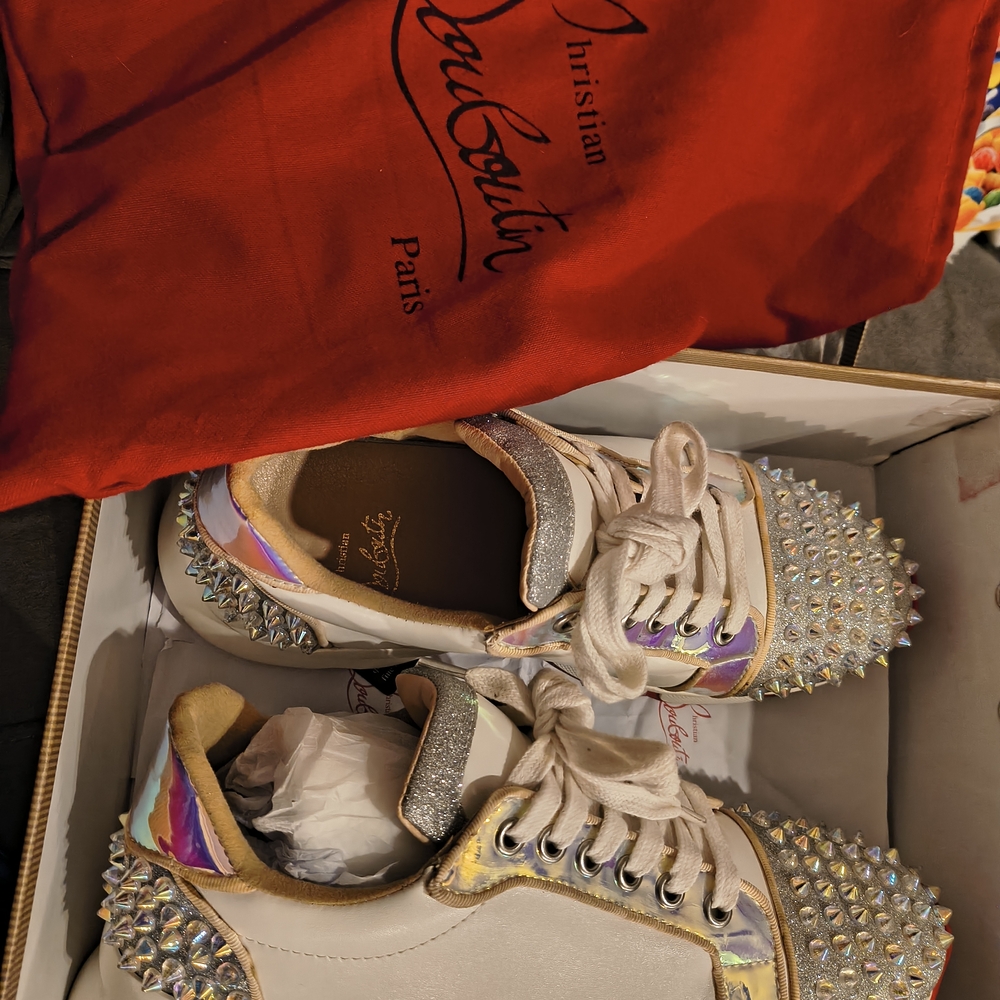 Christian Louboutin White and Iridescent Spiked Sneakers Taking offers